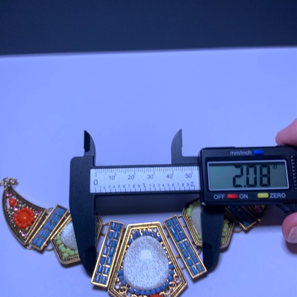 Boho Tribal Geometric Southwestern mosaic bib style red blue gold tone necklace - Picture 10 of 12